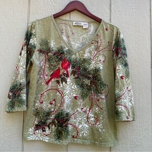 Collections Etc Winter Cardinal Birds Blouse Womens L  Christmas Greetings Holid